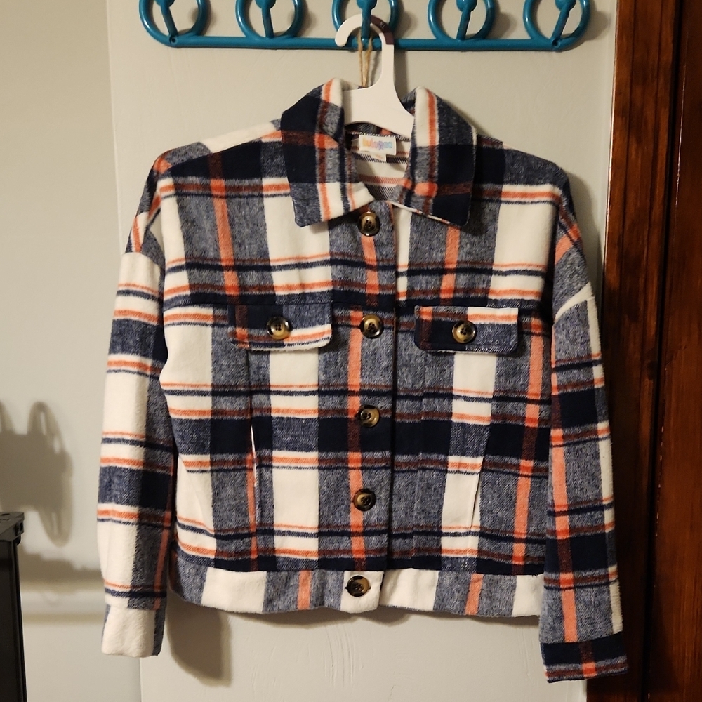 LuLaRoe Kids Plaid Jacket - Navy, White, and Orange